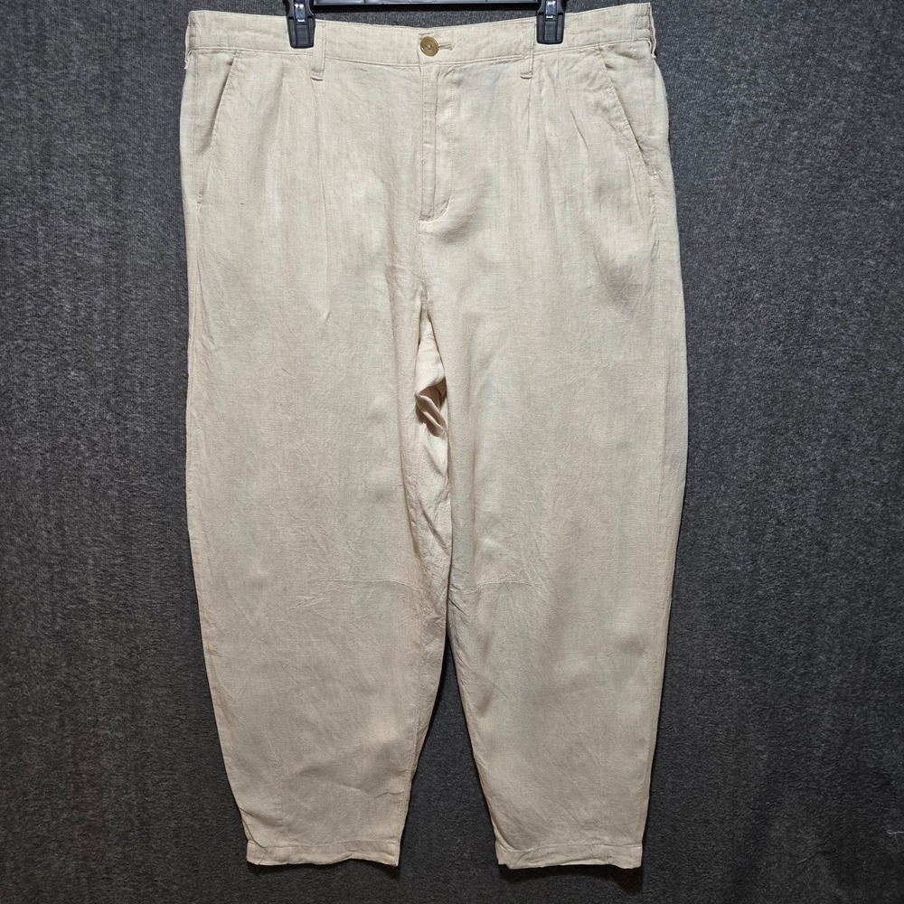 Lands' End 100% Linen High Rise Barrel Leg Pants Womens 16 Beige 38x28